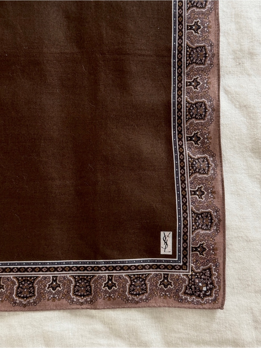 Vintage YSL Brown Paisley Cotton Head Scarf Bandana Made in Japan - Picture 3 of 6